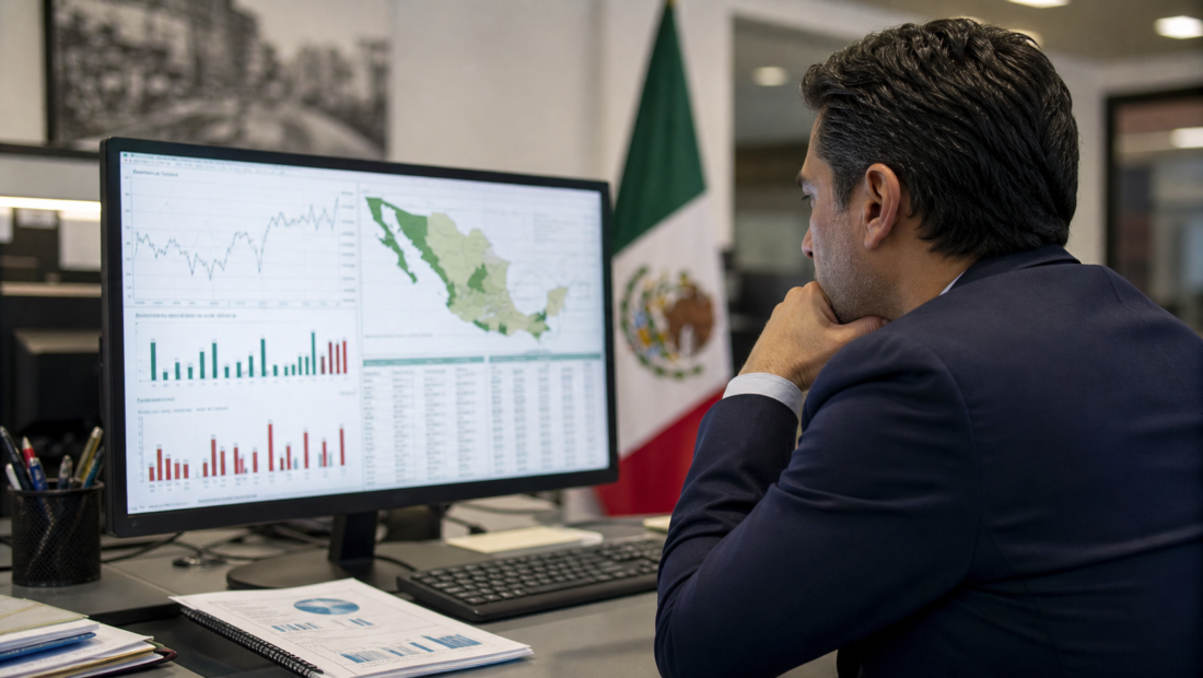 Analista revisa una gráfica de incidencia delictiva con fechas y tasas claramente identificadas