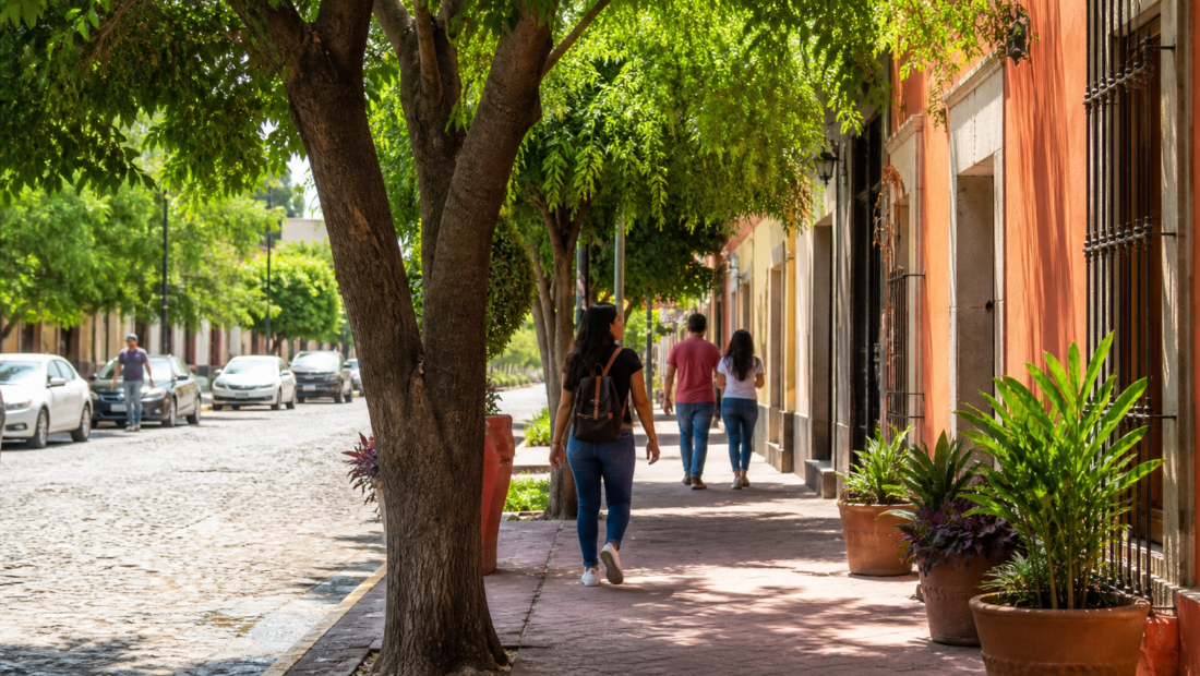 Calle urbana con árboles maduros que proyectan sombra sobre peatones, vehículos y una banqueta de concreto.