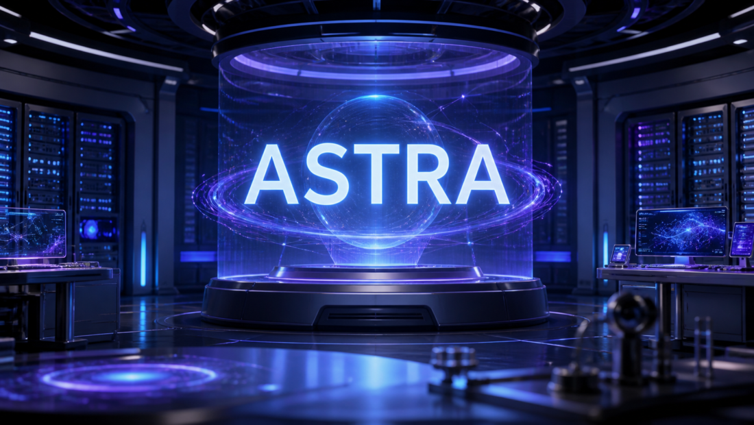 Sala de servidores futurista con un letrero luminoso que dice Astra; imagen ilustrativa