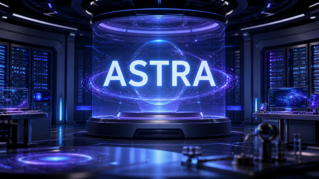 Sala de servidores futurista con un letrero luminoso que dice Astra; imagen ilustrativa