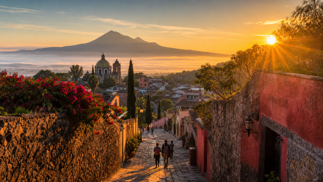 Paisaje turístico mexicano al amanecer con un pueblo colonial, montañas y viajeros en un camino.