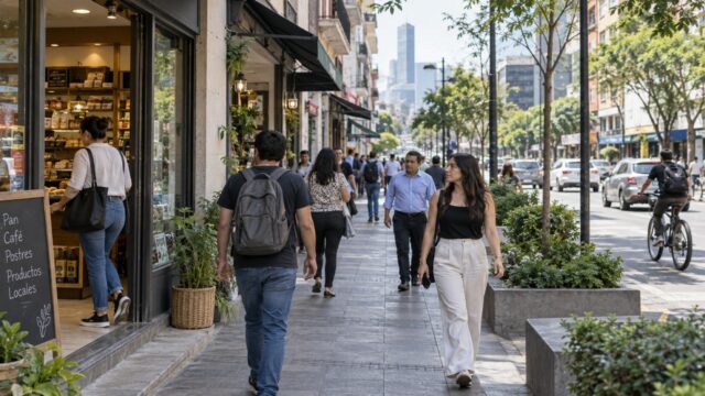 Personas recorren una calle comercial urbana en una jornada de actividad económica cotidiana.