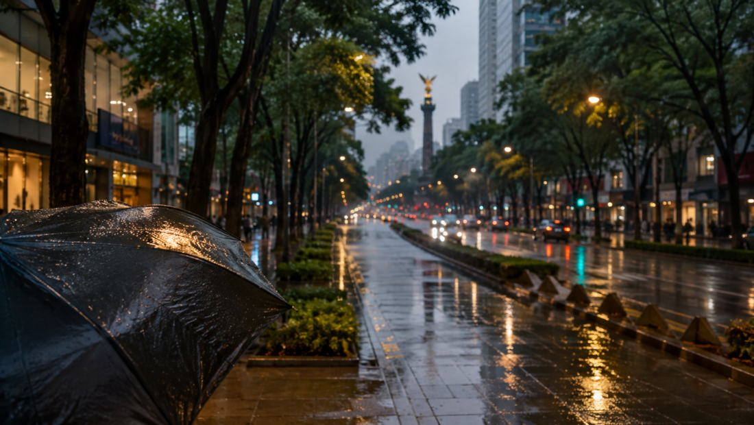 Avenida de Ciudad de México durante una lluvia vespertina con paraguas y reflejos urbanos.