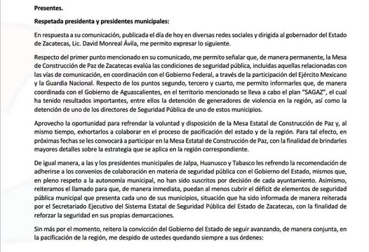 Carta del secretario general de Gobierno de Zacatecas dirigida a presidentes municipales sobre coordinación y seguridad pública