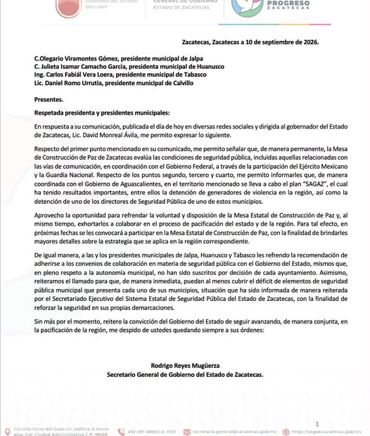 Carta del secretario general de Gobierno de Zacatecas dirigida a presidentes municipales sobre coordinación y seguridad pública